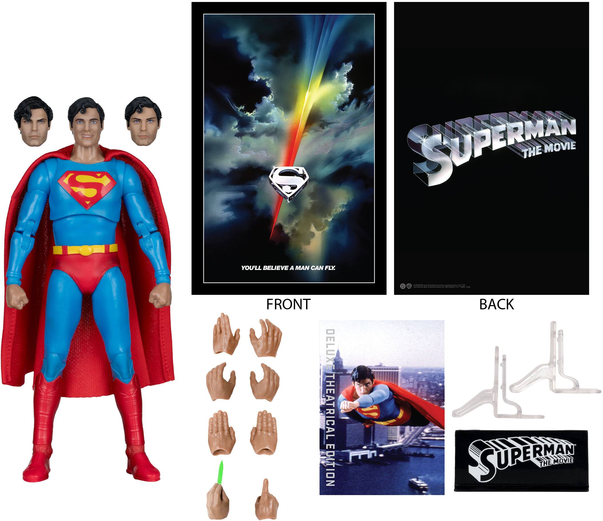 Sure, here is the corrected and grouped text from the image:

---

**Front:**
- SUPERMAN THE MOVIE
- YOU'LL BELIEVE A MAN CAN FLY

**Back:**
- SUPERMAN THE MOVIE

**Deluxe Theatrical Edition:**
- FRONT
- BACK

---

**Additional Text:**
- DELUXE THEATRICAL EDITION
