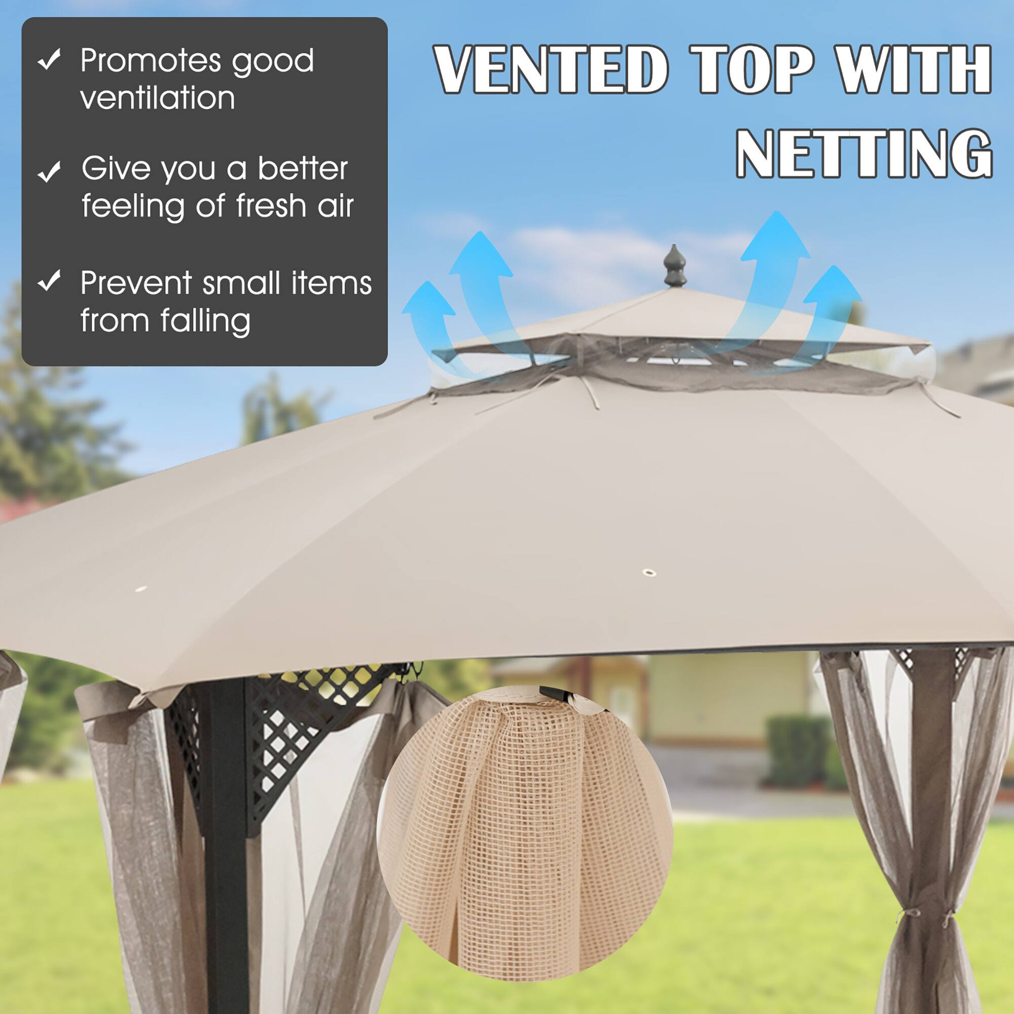 VENTED TOP WITH NETTING

- Promotes good ventilation
- Give you a better feeling of fresh air
- Prevent small items from falling