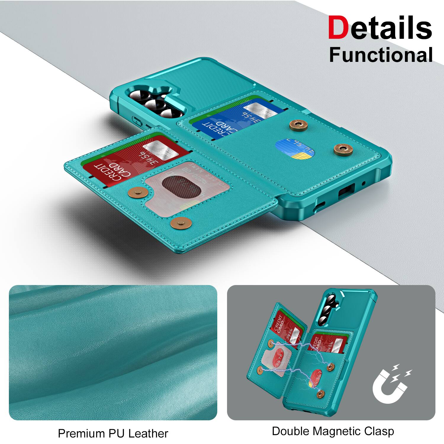 Details Functional

3456 CREDIT CARD
CARD 95HE CREDIT 1:00/00 00 NAME HOLDER
95

Premium PU Leather
CREDIT CARD 3456

Double Magnetic Clasp