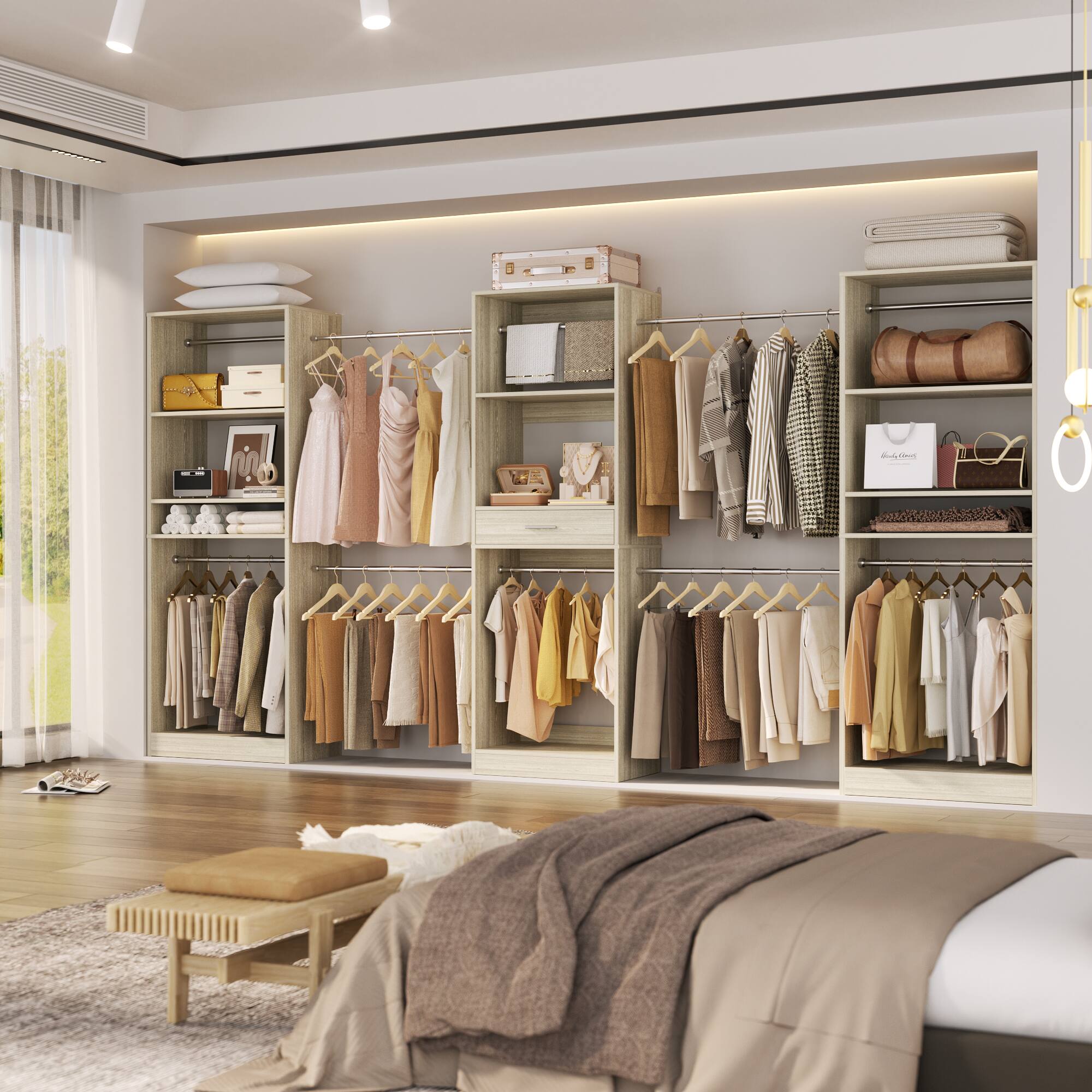 Alt View 2. Aheaplus - 70.5'' - 146'' Wide Adjustable Closet Organizer System with 10 Hanging Rods, Drawer and Adjustable Shelves - Beige Oak.