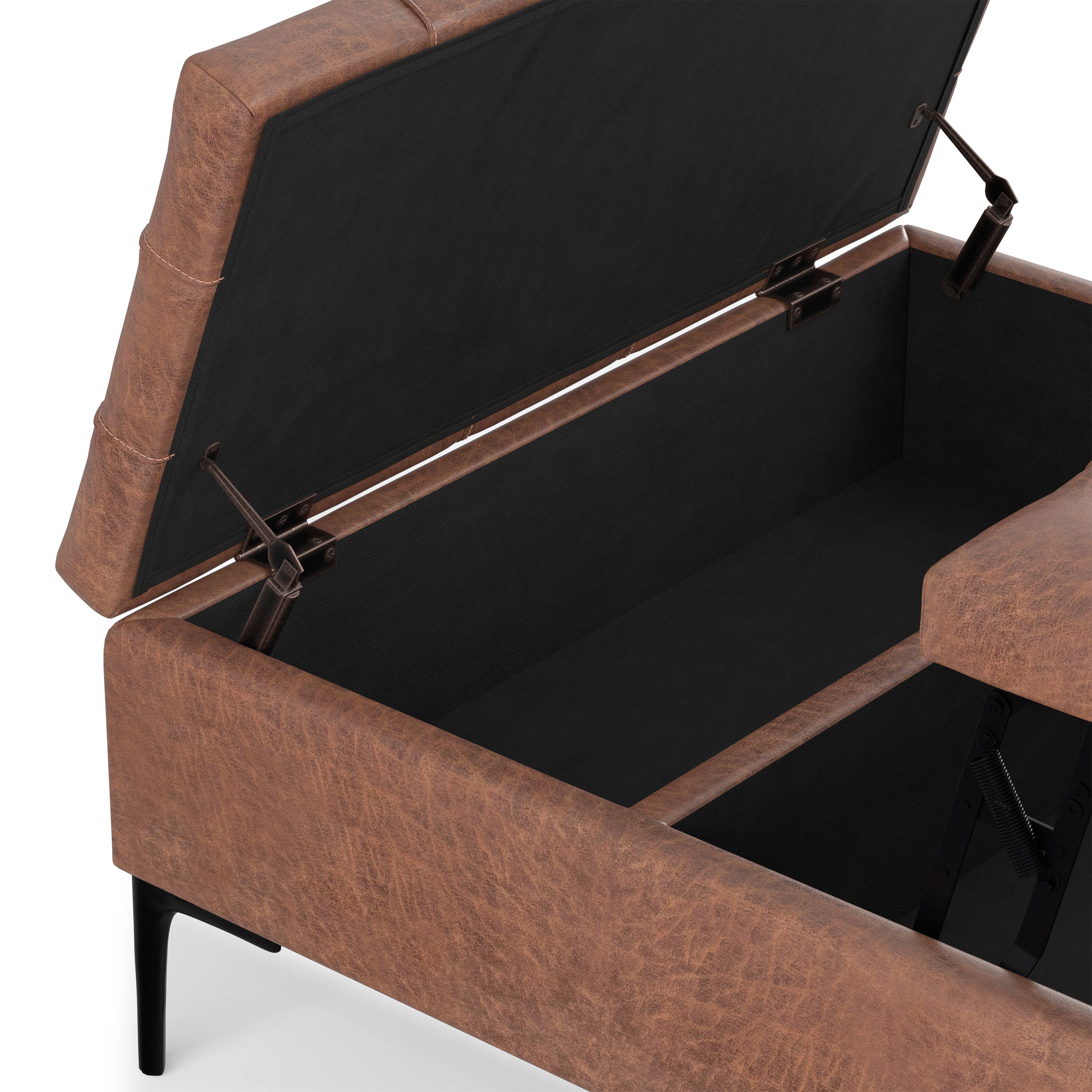 Alt View 6. Simpli Home - Laura 36 inch Wide Mid Century Square Lift Top Storage Ottoman in Distressed Saddle Brown  Vegan Faux Leather, Assembled - Distressed Saddle Brown.