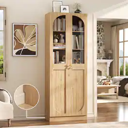 Aheaplus - 80'' Tall Bookcase with Glass Doors, 6-Tier Farmhouse Bookcase with Adjustable Shelves - Nature