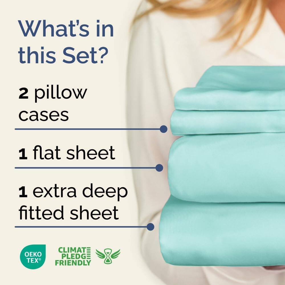 What's in this Set?

- 2 pillow cases
- 1 flat sheet
- 1 extra deep fitted sheet

CLIMATE PLEDGE FRIENDLY

OEKO TEX
