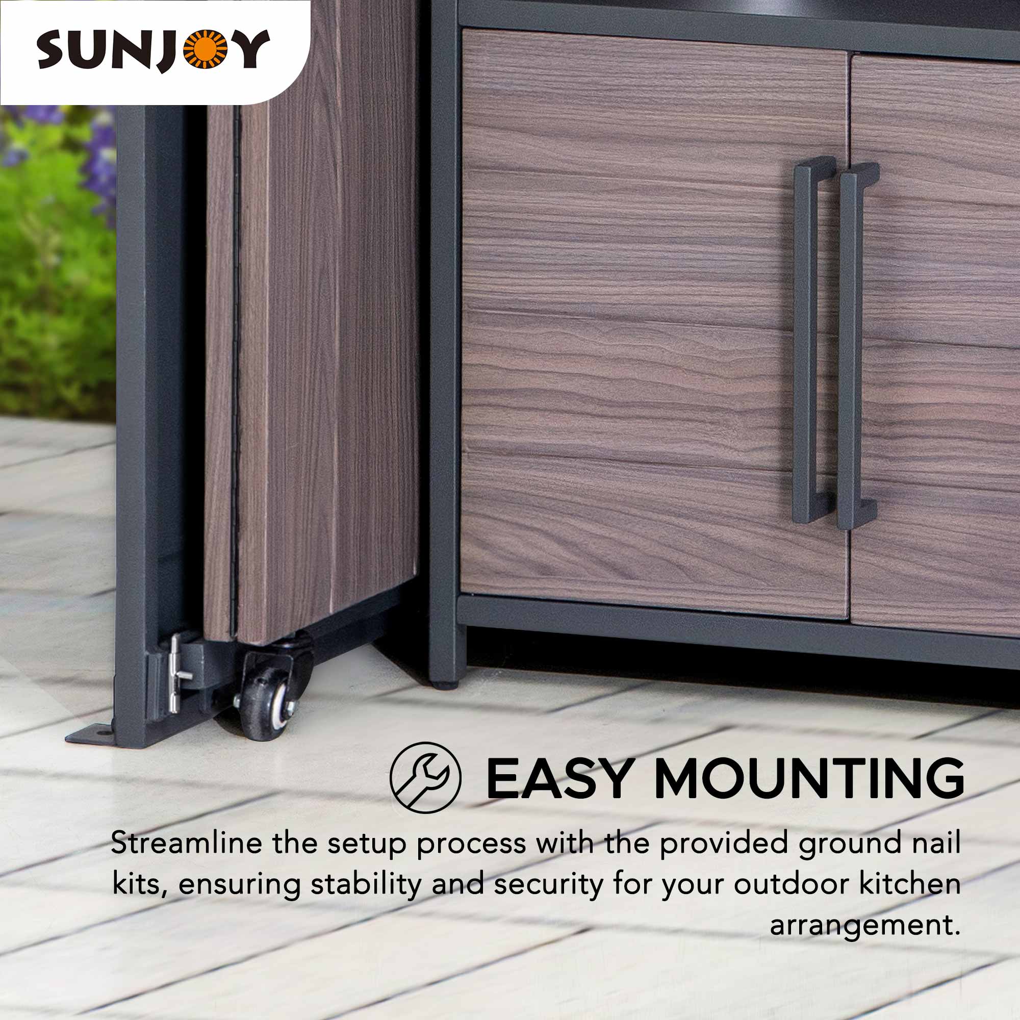 SUNJOY

EASY MOUNTING

Streamline the setup process with the provided ground nail kits, ensuring stability and security for your outdoor kitchen arrangement.