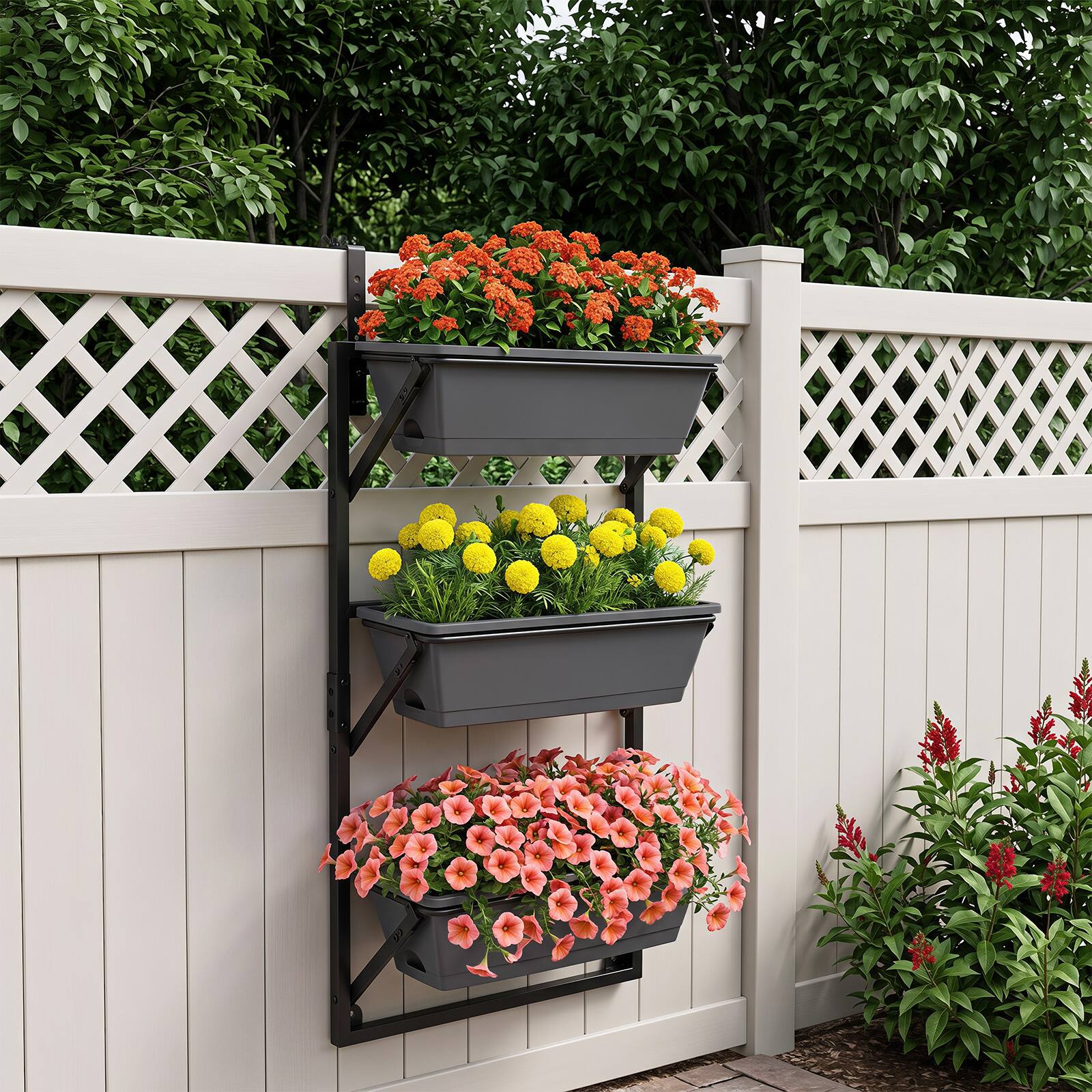 Alt View 3. Costway - Costway Deck Railing Planter Boxes with Adjustable Brackets 3-Tier Outdoor Hanging Planter - Black.