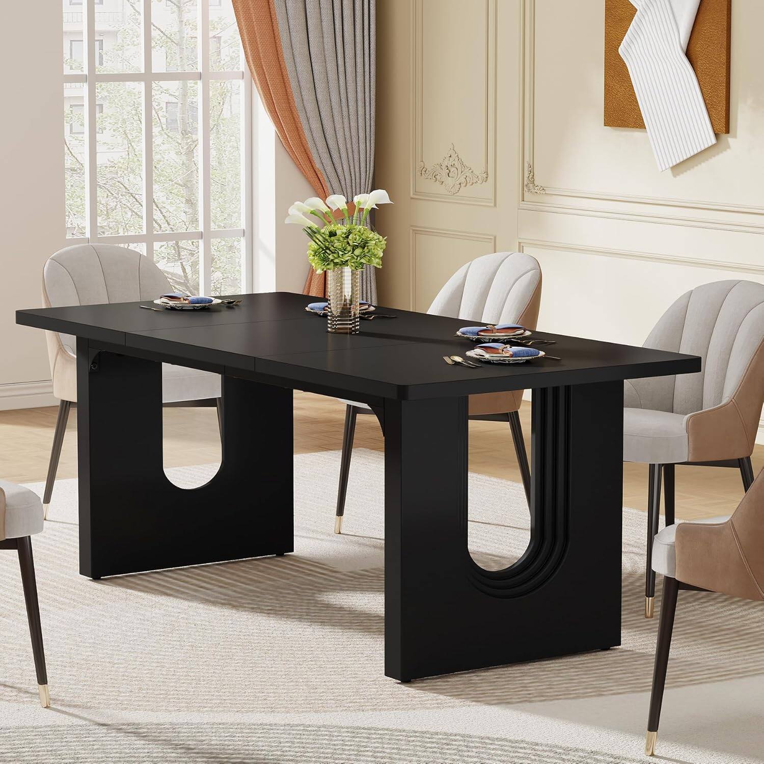 Front. APRILSOUL - 71in Modern Black Table for 6-8 People Large Rectangular Table with Wood Pedestal Base for Room Office or Restaurant - Black.