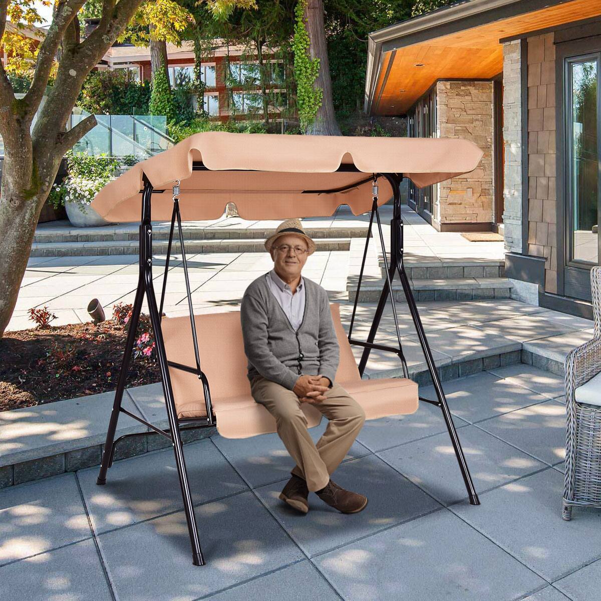 Alt View 3. Costway - Costway Loveseat Patio Canopy Swing Glider Hammock Cushioned Steel Frame Outdoor - Beige.
