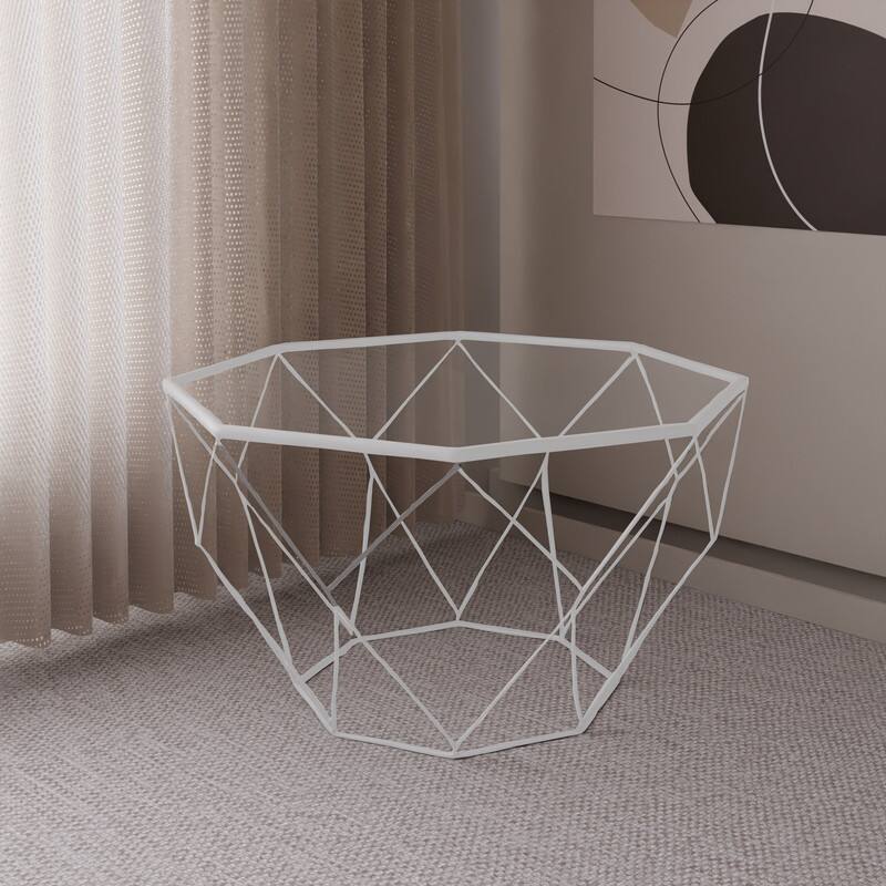 Angle. LeisureMod - Malibu Contemporary Geometric Glass Top Coffee Table with Open-Frame Design and Powder Coated Base for Home and Office - White.