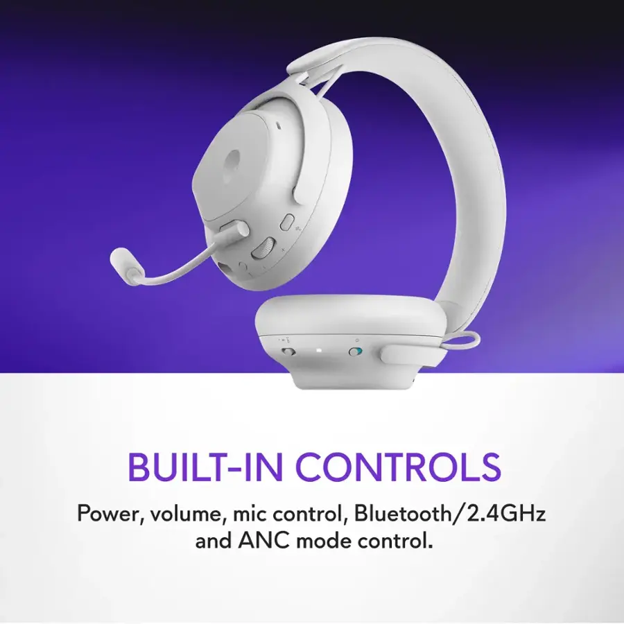 Built-in controls include power, volume, mic control, Bluetooth/2.4GHz, and ANC mode control.