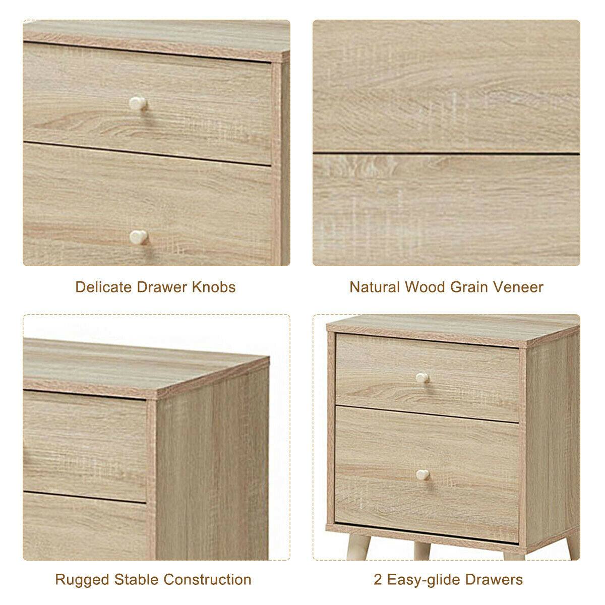 The image shows a wooden dresser with a drawer and a knob. The text on the image reads: "Delicate Drawer Knobs Natural Wood Grain Veneer Rugged Stable Construction 2 Easy-glide Drawers."