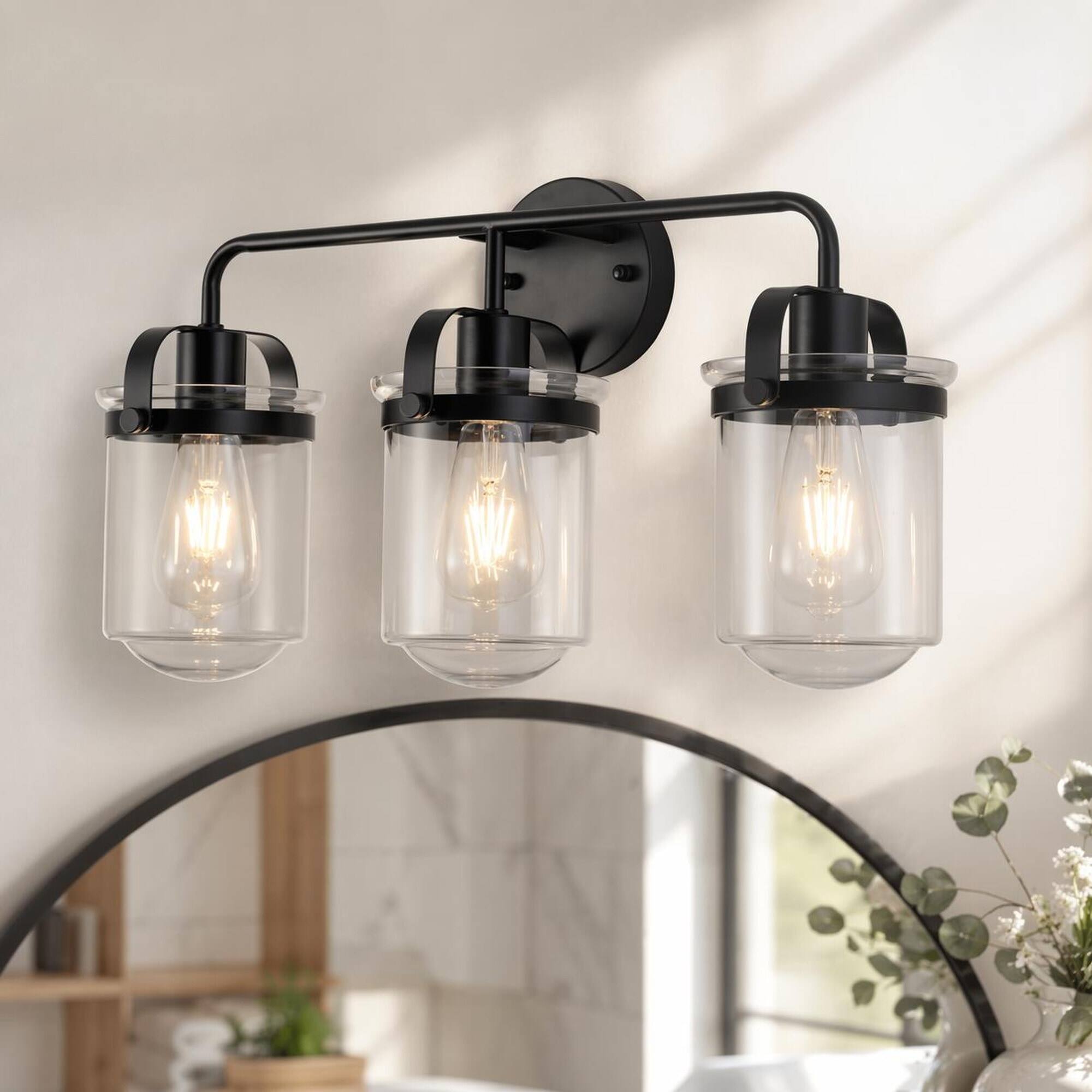 Front. RYHNUYNE - 3‑Light Modern Wall Sconce,Black Vanity Light with Clear Glass Shade,Wall Light Fixture for Bathroom - Matte Black.
