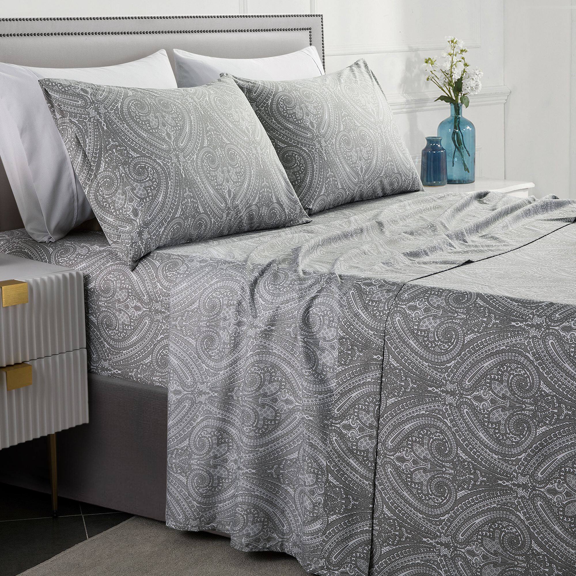 Front. Sweet Home Collection - Paisley 4 Piece Printed Sheet Set, Double Brushed Microfiber, Full - Gray.