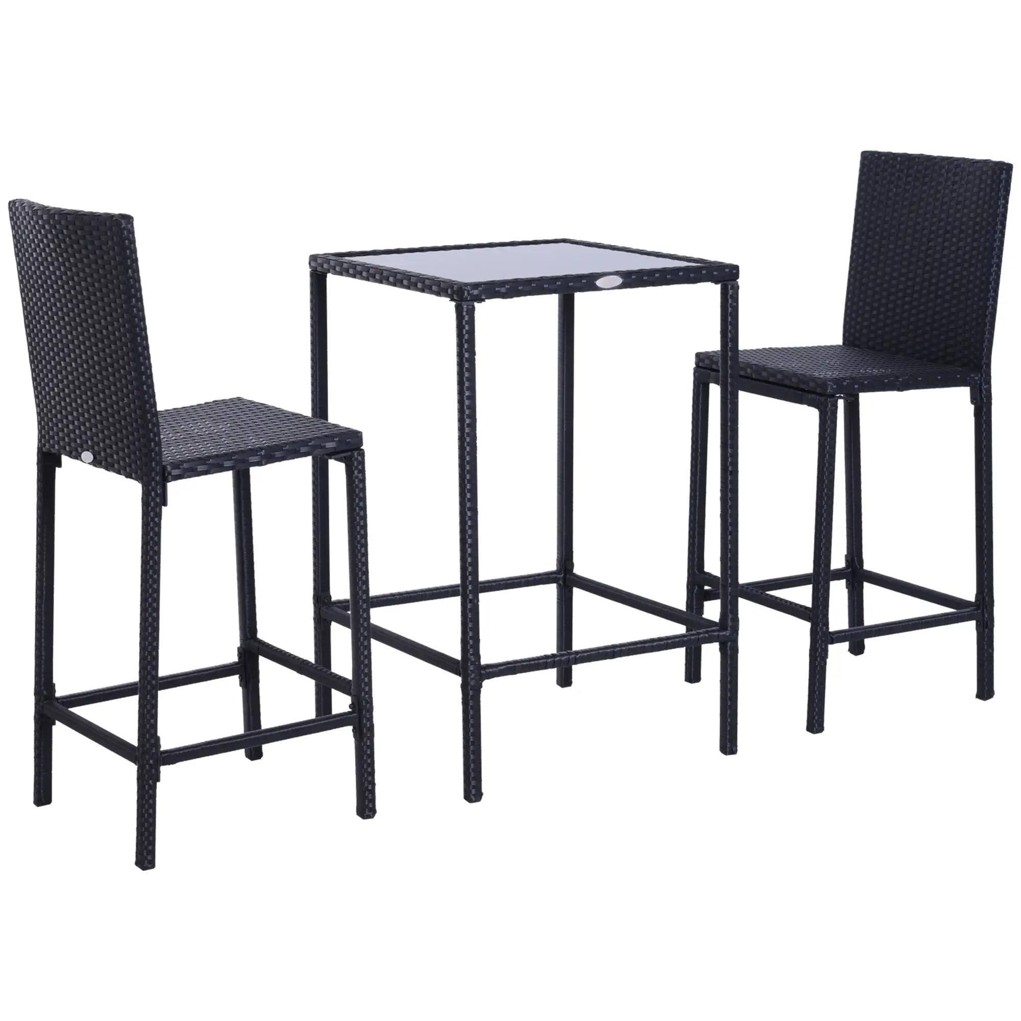 Angle. Resenkos - Resenkos 3pcs Rattan Bar Set, A Bar Height Table, Two Matching Stools, Glass, Rattan, Aluminum, Black - Black.