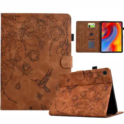 Front. Dteck - for Lenovo Tab M10 Plus (3rd Gen) 10.61" 2022 Embossed Folio Case,PU Leather Flip Card Slots Kickstand Tablet Cover - Brown.