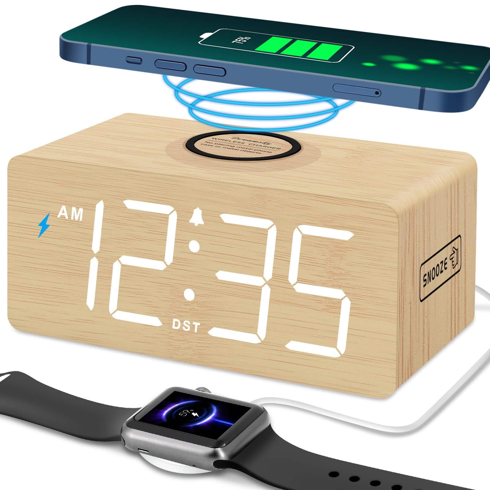 Dazzed Corner - Wooden Digital Alarm Clock with Charger Station - Bamboo