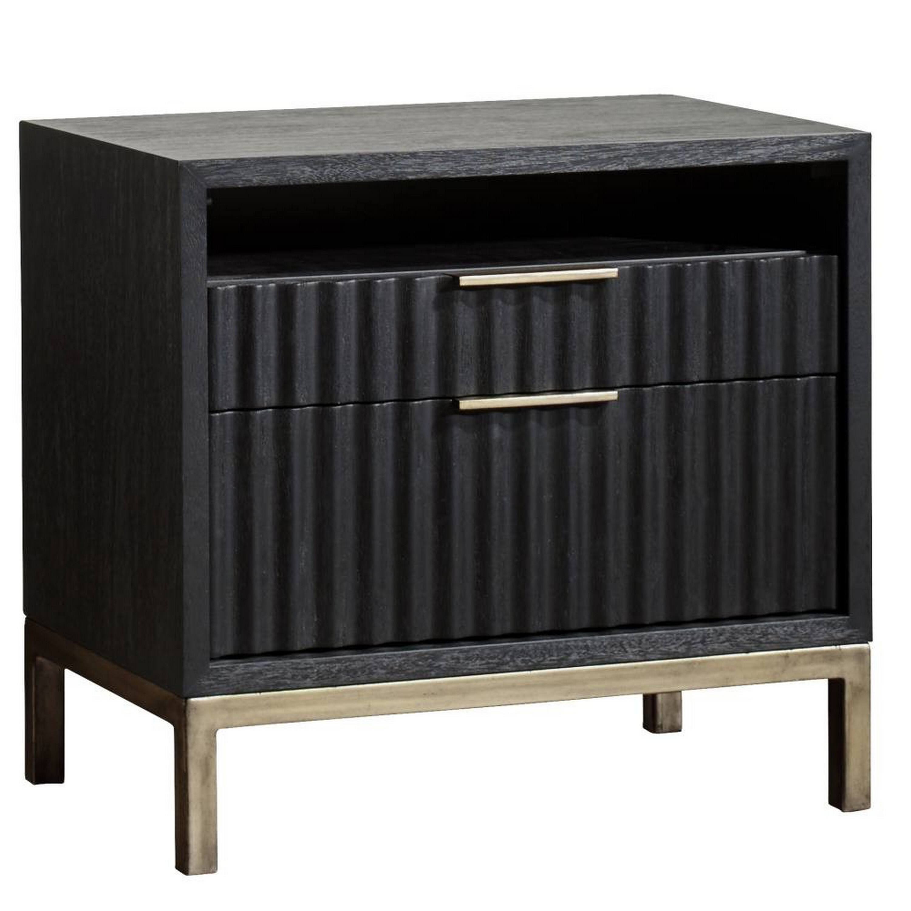 Front. Manhattan Lane - Wood and Metal Nightstand with Scalloped Drawer Fronts  and Brass - Black and Brass.