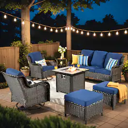 Ovios - 7 PCS Patio Furniture Conversation Set with 30" Fire Pit High Back Swivel Chair & Side Table - Navy Blue(Brown Wicker)