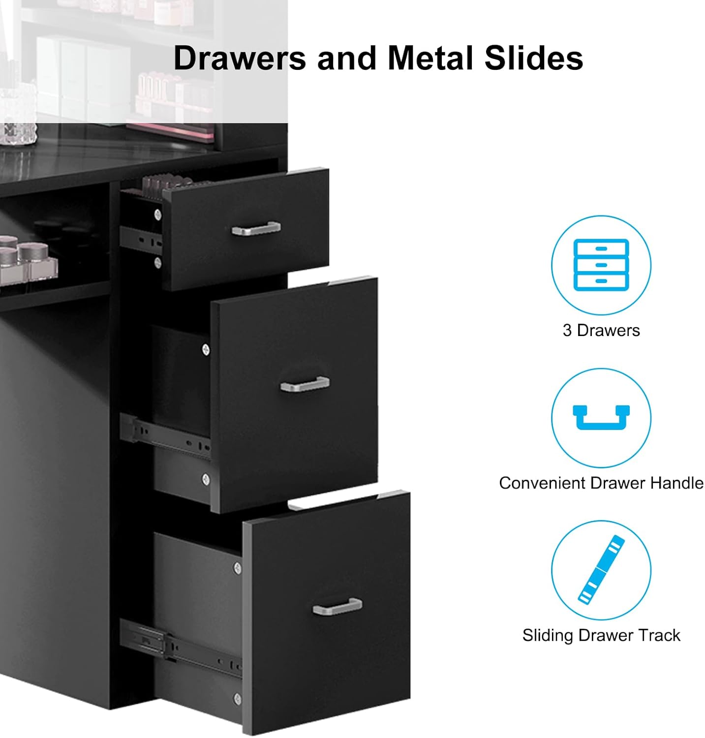 Drawers and Metal Slides

- 3 Drawers
- Convenient Drawer Handle
- Sliding Drawer Track