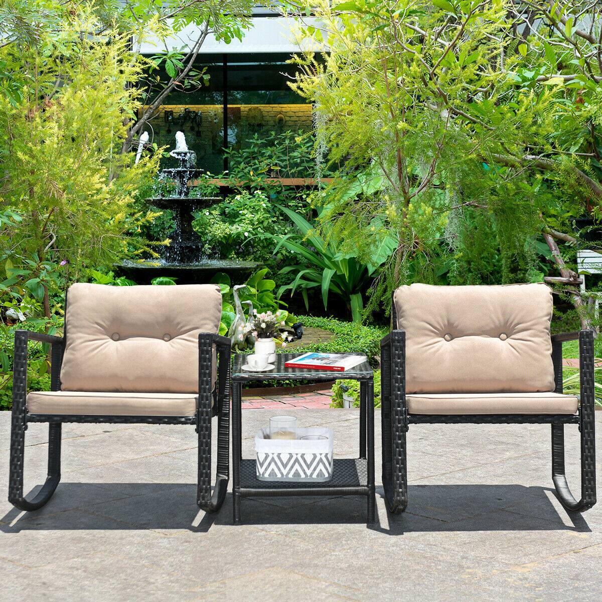 Alt View 2. Gymax - Gymax 3PCS Rattan Rocking Chair Table Set Patio Furniture Set w/ Cushions - as pic.