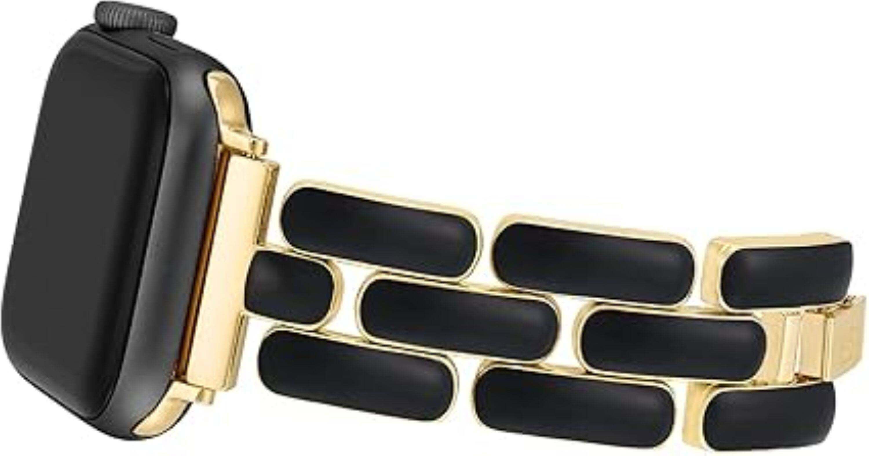 Angle. Anne Klein - Gold-Tone Bracelet with Black Enamel Links & Gold-Tone Lugs – Fits 38/40/41mm Apple Watch - Gold/Black.