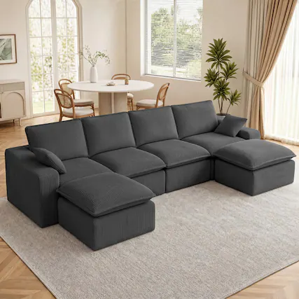 Front. Dyonery - Dyonery 137" L-Shaped Modern Sofa Modular Sectional Cloud Couch, 4-Seat Corduory Deep Seat Sofa with 6 Cushion - Gray.