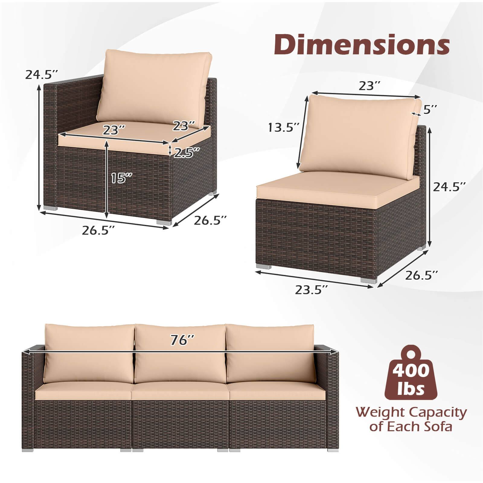 24.5" Dimensions 23" 23" 23" 13.5" 5" 2.5" 15" 24.5" 26.5" 26.5" 23.5" 26.5" 76" 400 lbs Weight Capacity of Each Sofa