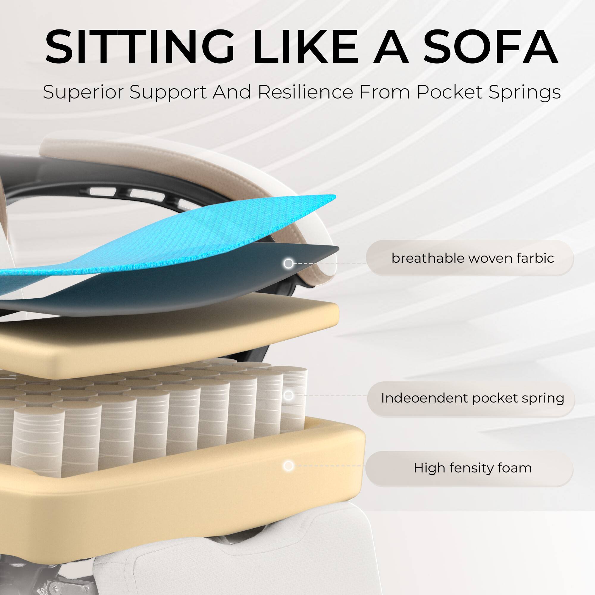 SITTING LIKE A SOFA  
Superior Support And Resilience From Pocket Springs  

- breathable woven fabric  
- Independent pocket spring  
- High density foam