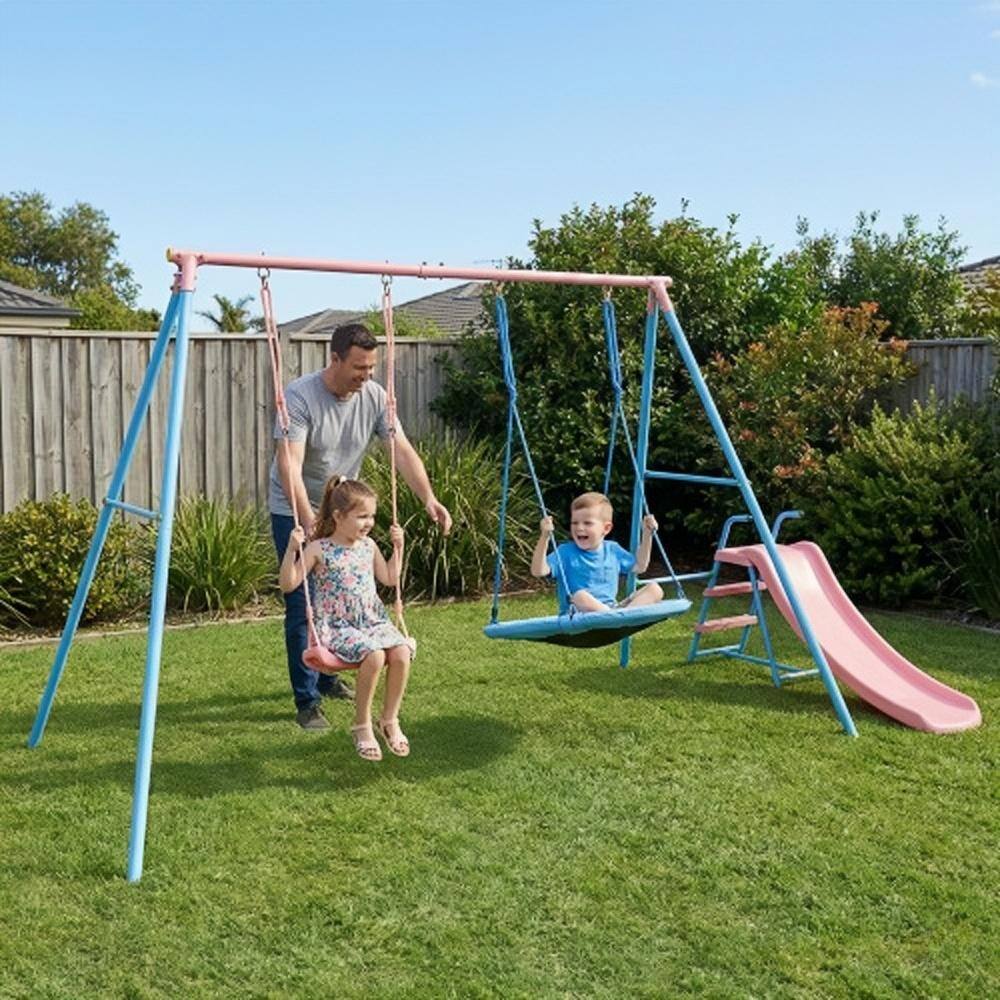 Angle. Loheer - 10.83 ft Kids Swing Set with Slide and Two Swings - Blue+Pink.