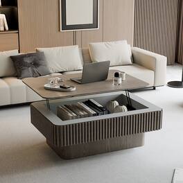 Loheer - 38.6in Grey Lift Top Coffee Table Fluted Wood Accent Table with Hidden Storage and Adjustable Height - Gray