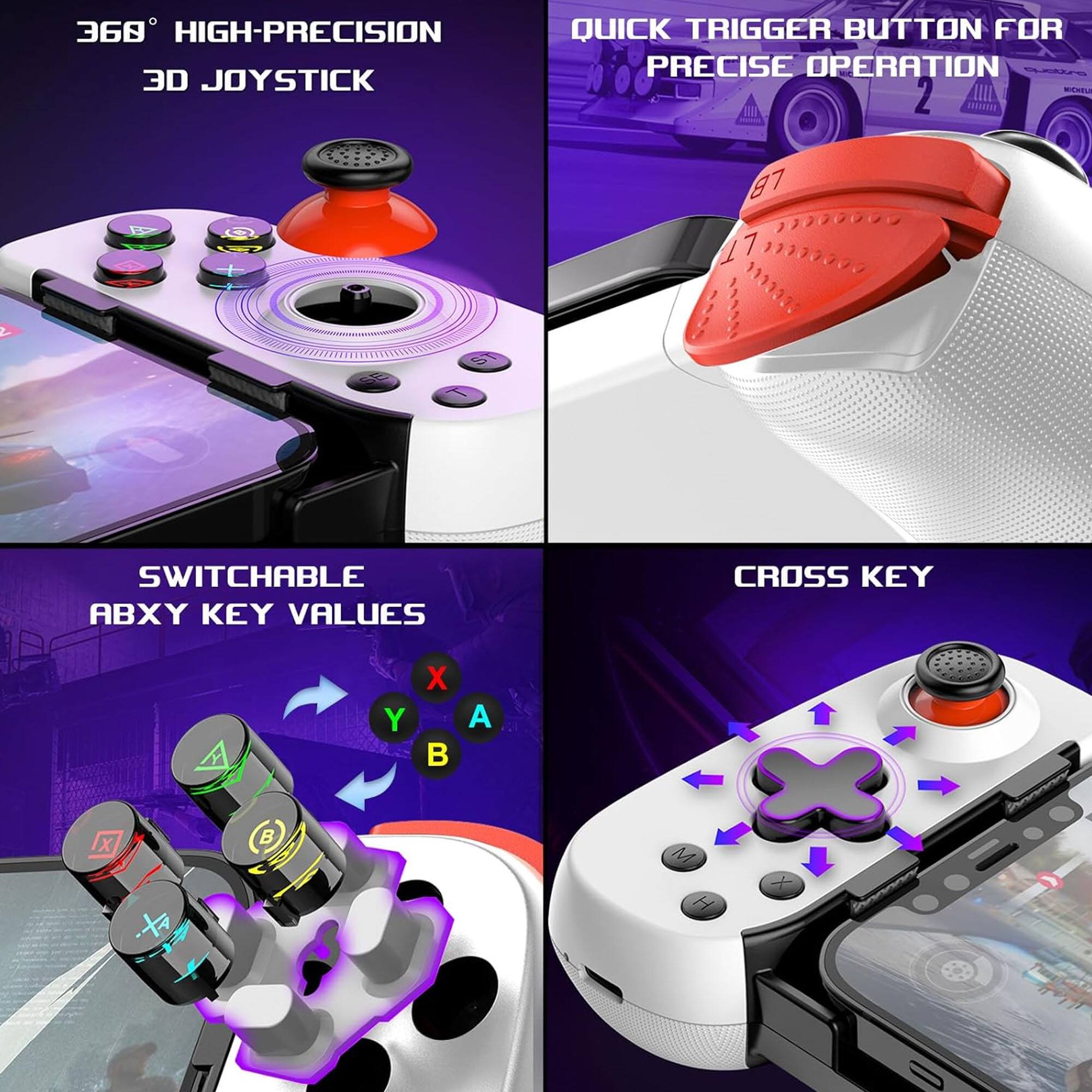 360° HIGH-PRECISION 3D JOYSTICK

QUICK TRIGGER BUTTON FOR PRECISE OPERATION

SWITCHABLE ABXY KEY VALUES

CROSS KEY