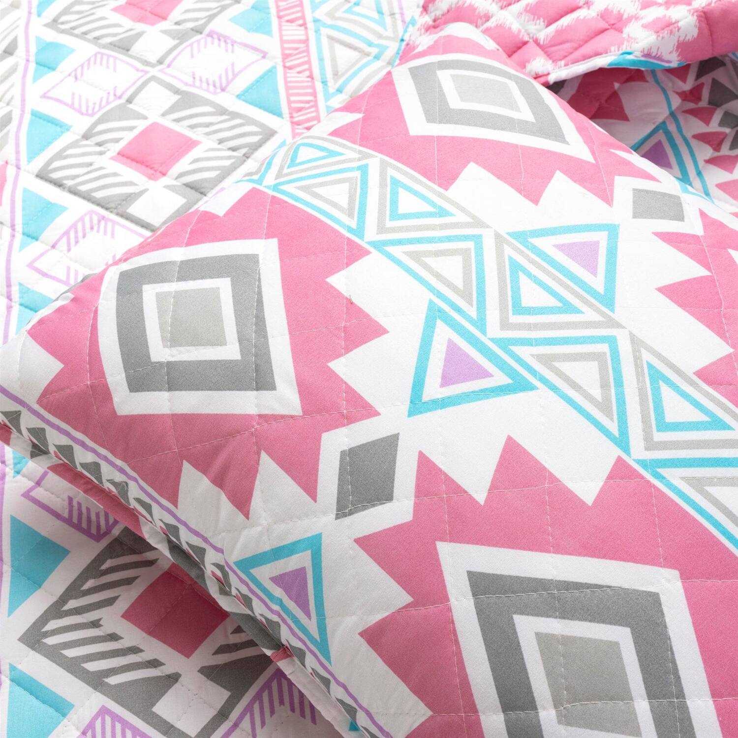 Back. Hivvago - Twin Southwest Indian Style Polyester Pink Blue Striped Reversible Quilt Set - Pink Blue.