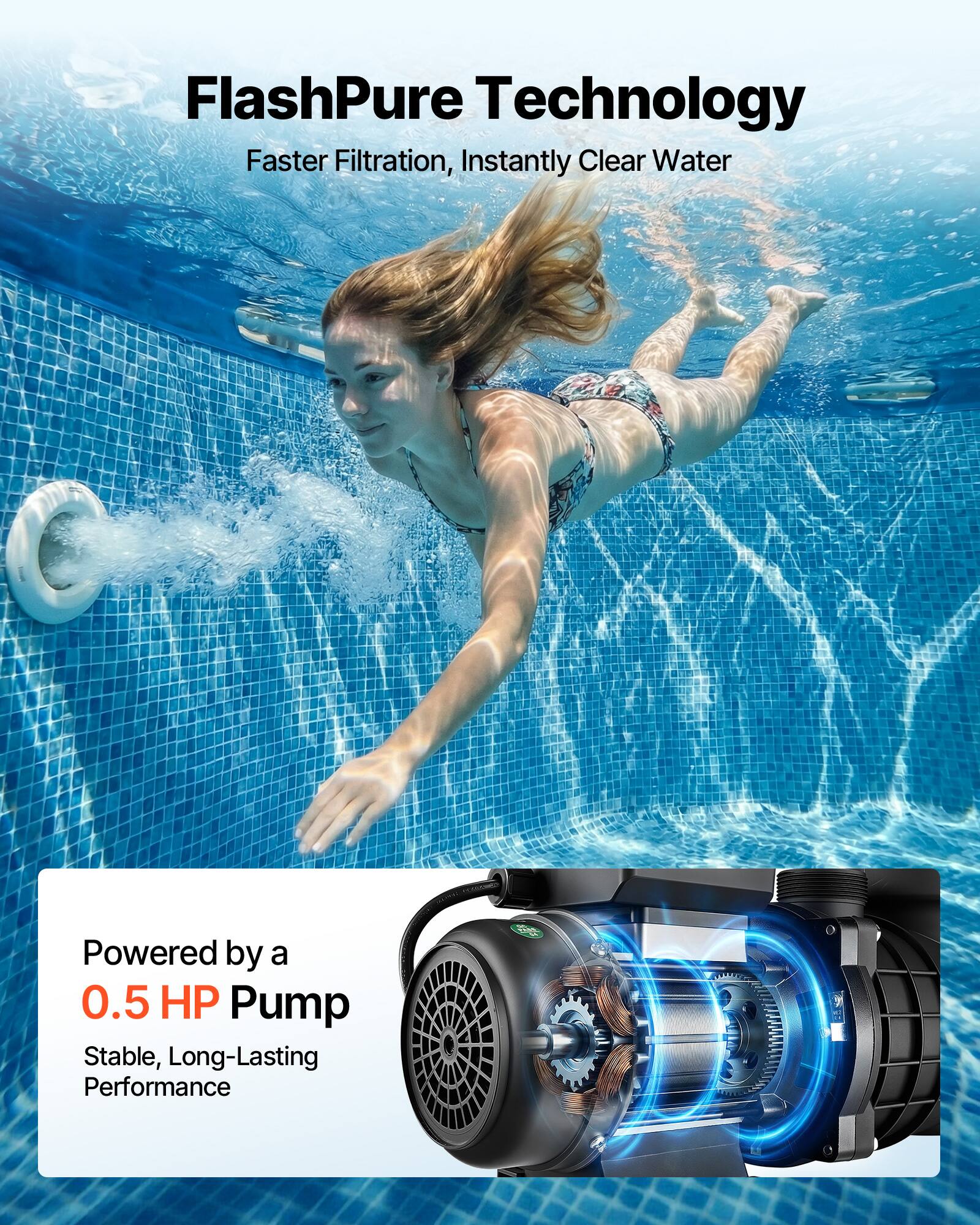 FlashPure Technology  
Faster Filtration, Instantly Clear Water  
Powered by a 0.5 HP Pump  
Stable, Long-Lasting Performance