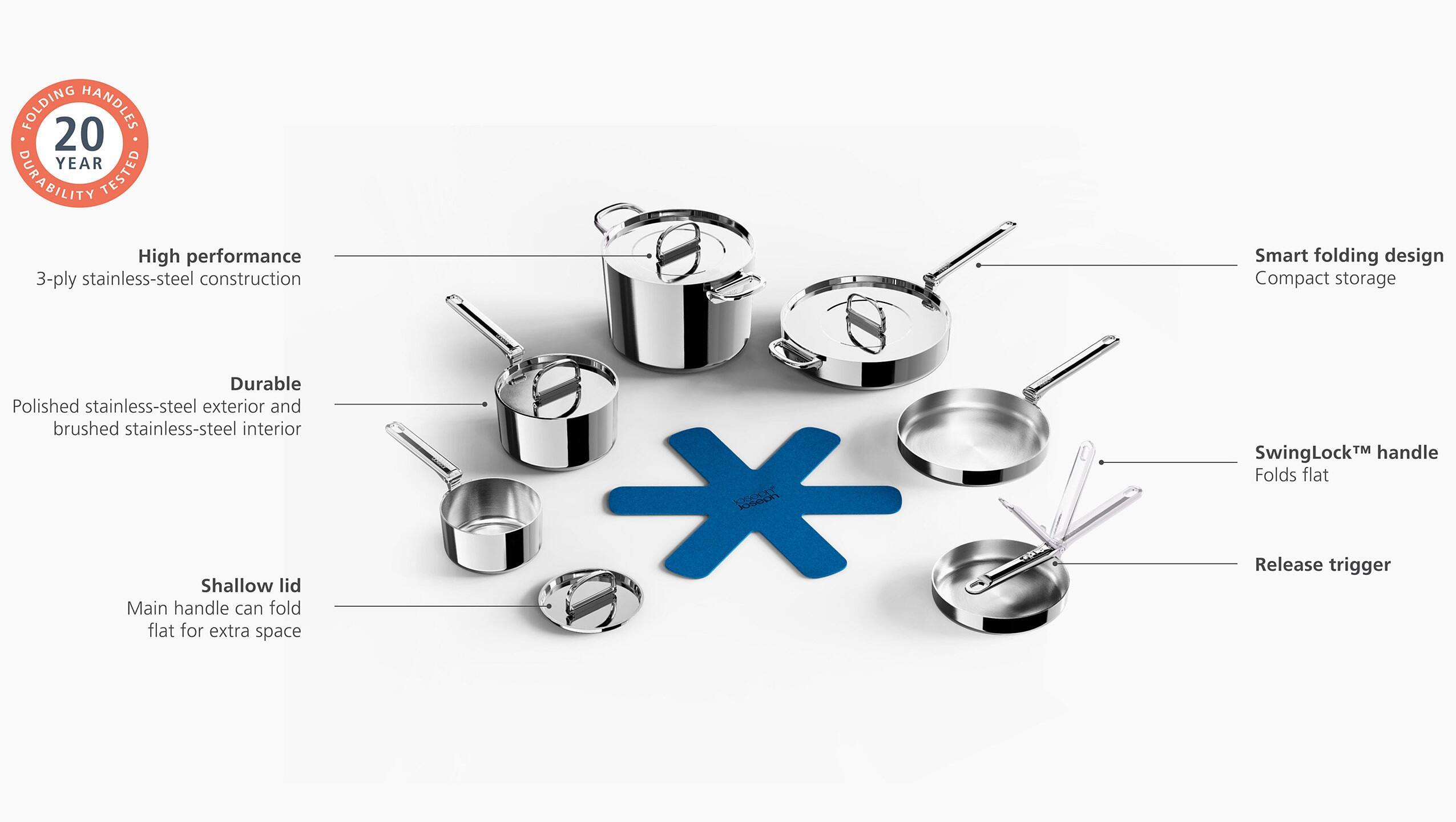 FOLDING HANDLES  
20 YEAR DURABILITY TESTED  

- High performance  
  3-ply stainless-steel construction  

- Durable  
  Polished stainless-steel exterior and brushed stainless-steel interior  

- Shallow lid  
  Main handle can fold flat for extra space  

- Smart folding design  
  Compact storage  

- SwingLock™ handle  
  Folds flat  

- Release trigger