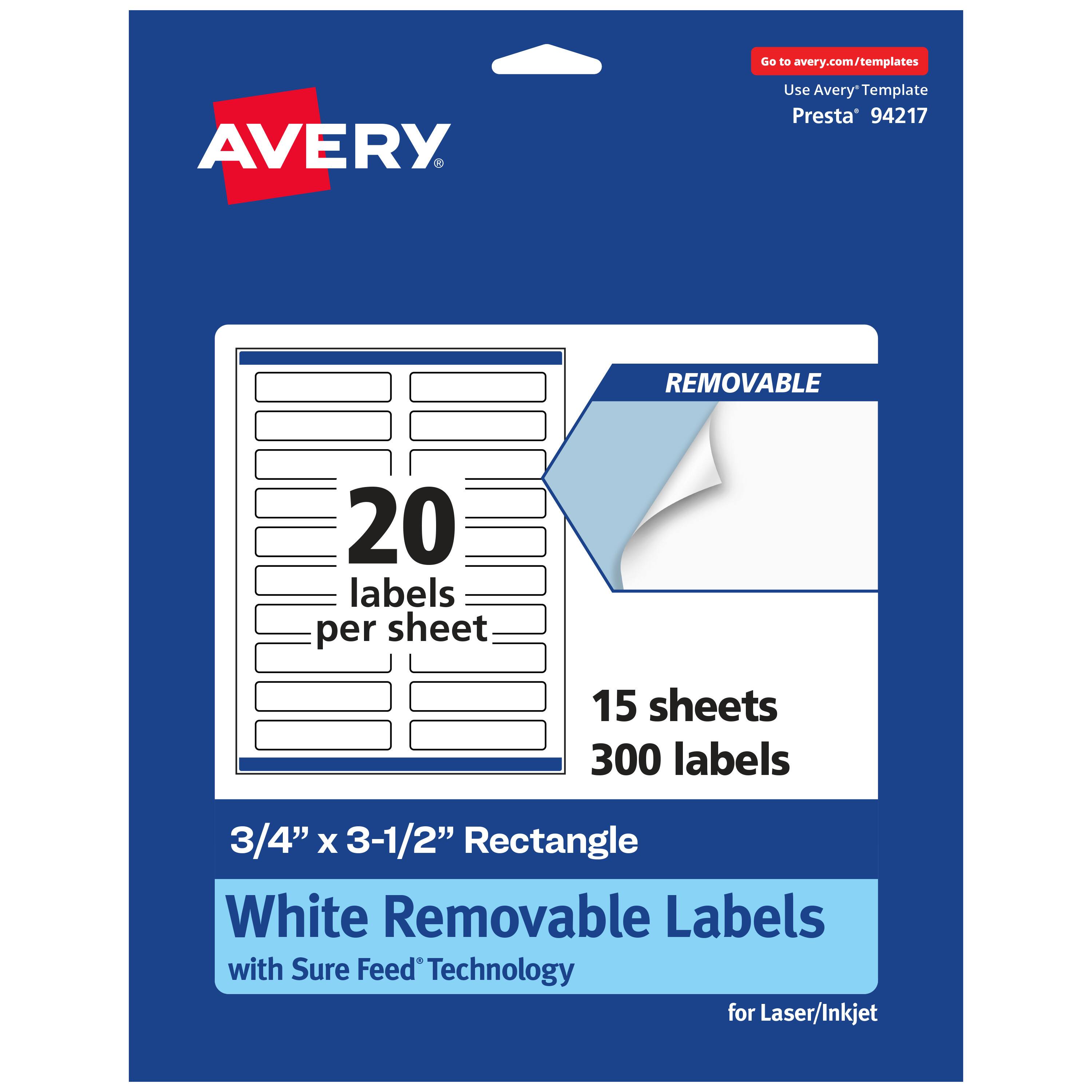 Go to avery.com/templates  
AVERY  
Use Avery Template Presta® 94217  

20 labels per sheet  
15 sheets  
300 labels  

3/4" x 3-1/2" Rectangle  
White Removable Labels with Sure Feed® Technology for Laser/Inkjet