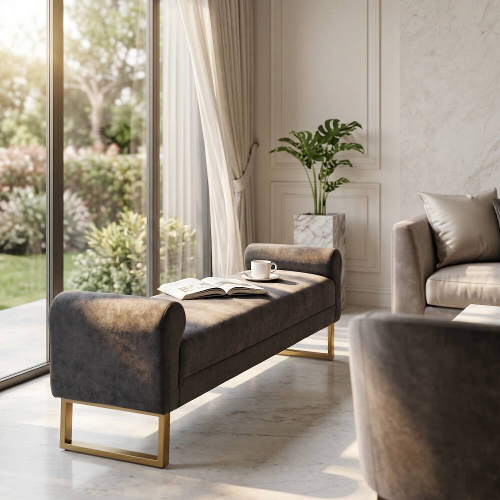 Alt View 3. Ropilly - 65" Dark Grey Chenille End of Bed Bench with Gold Legs, Modern Upholstered Ottoman Bench - Dark Grey.