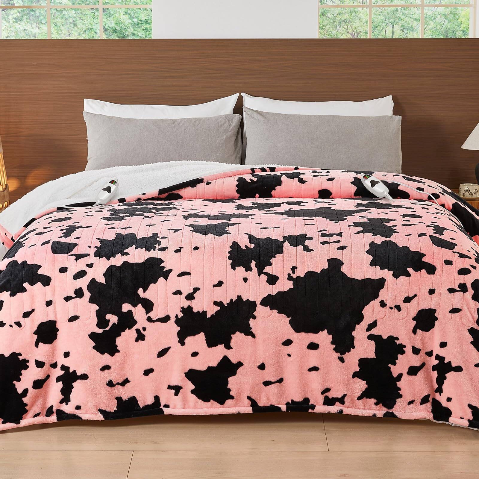 NICHOLAS KLEIN - Cow Print Heated Electric Blanket Throw 50x60 Heating With 10 Heats Levels & 8 Hours Auto Off Western Highl - Light Pink Highland Cow 84"x90"