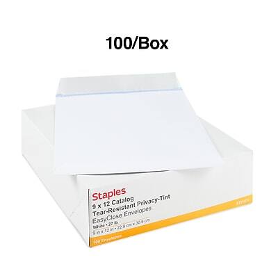 100/Box  
Staples  
9 x 12 Catalog Privacy-Tint  
Tear-Resistant Envelopes  
Easy-Close  
White  
9 in x 12 in (22.9 cm x 30.5 cm)  
100 Envelopes