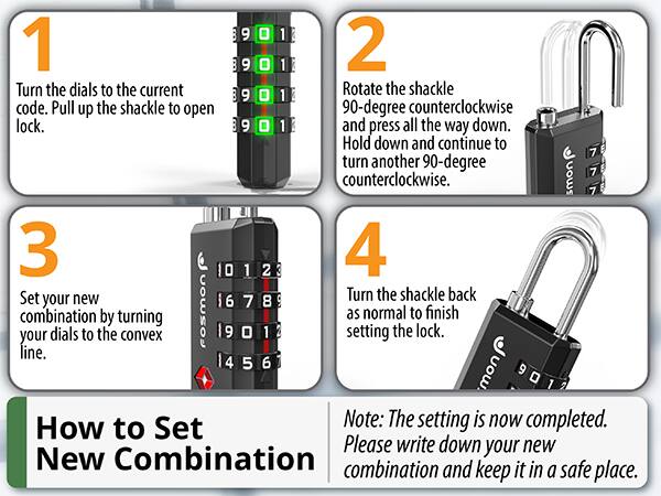 1. Turn the dials to the current code. Pull up the shackle to open lock.
2. Rotate the shackle 90-degree counterclockwise and press all the way down. Hold down and continue to turn another 90-degree counterclockwise.
3. Set your new combination by turning your dials to the convex line.
4. Turn the shackle back as normal to finish setting the lock.
Note: The setting is now completed. Please write down your new combination and keep it in a safe place.