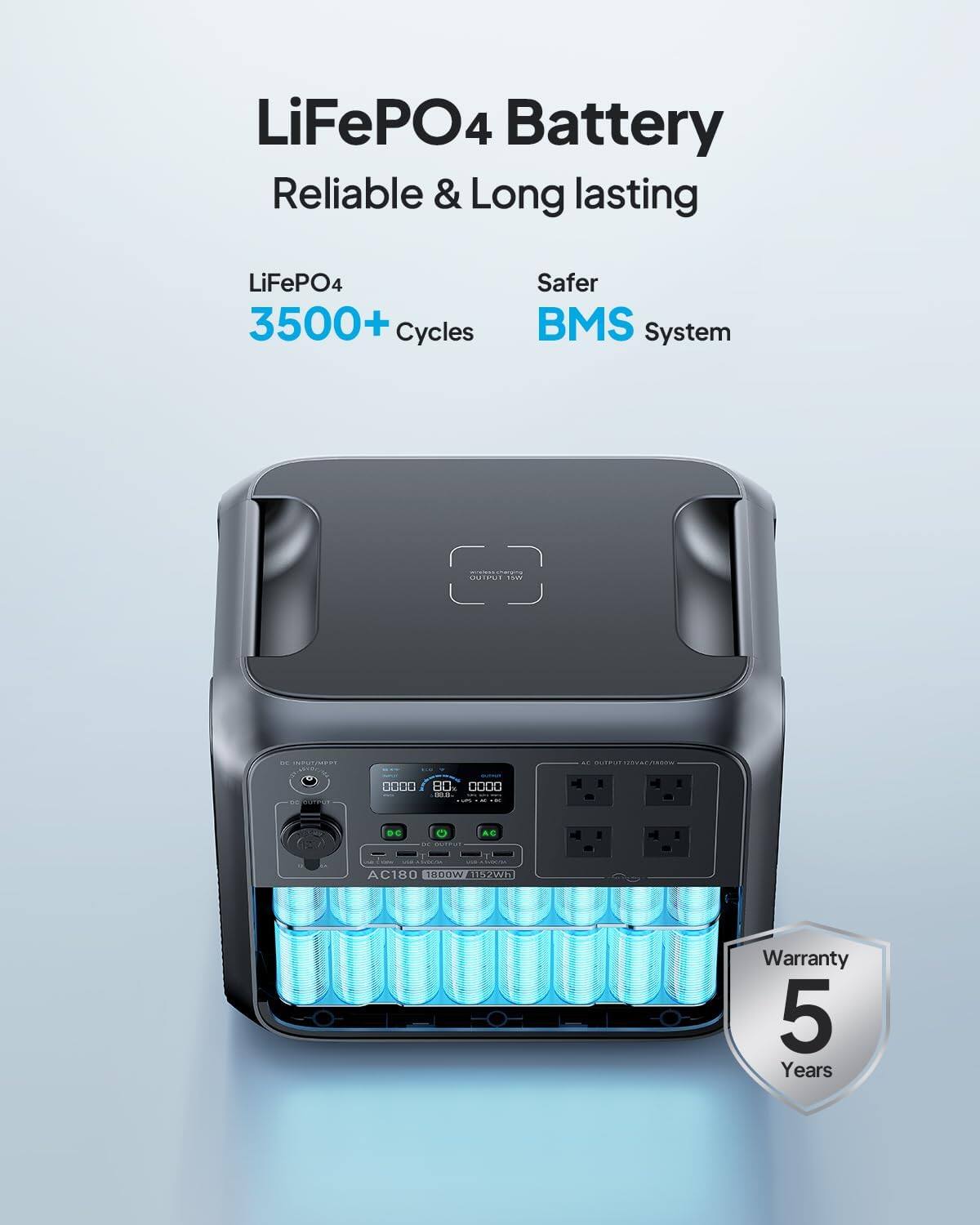 LiFePO4 Battery  
Reliable & Long lasting  

LiFePO4  
3500+ Cycles  

Safer BMS System  

Warranty 5 Years