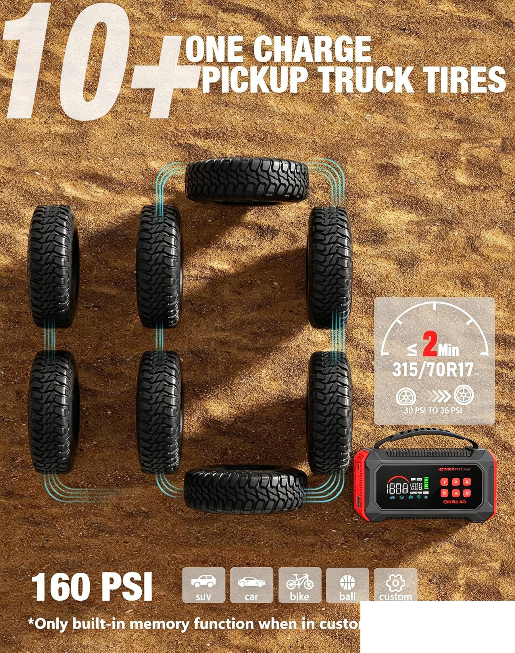 10+ ONE CHARGE PICKUP TRUCK TIRES

VI 201in Min 315/70R17
30 PSI TO 36 PSI

BANNER of 
f
- R
1
:
5 J. 40

160 PSI SUV car bike ball custom *Only built-in memory function when in custom