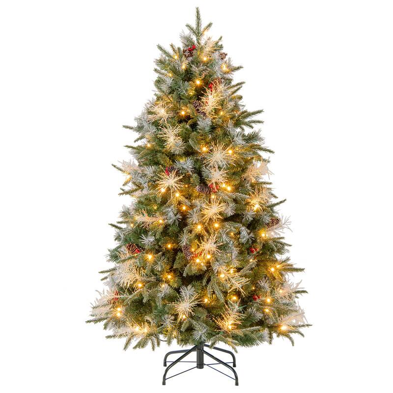 Front. WELLFOR - 5ft Pre‑Lit Artificial Christmas Tree, Hinged Xmas Tree with 602 Branch Tips,190 LED Lights for Holiday Decoration - Green.