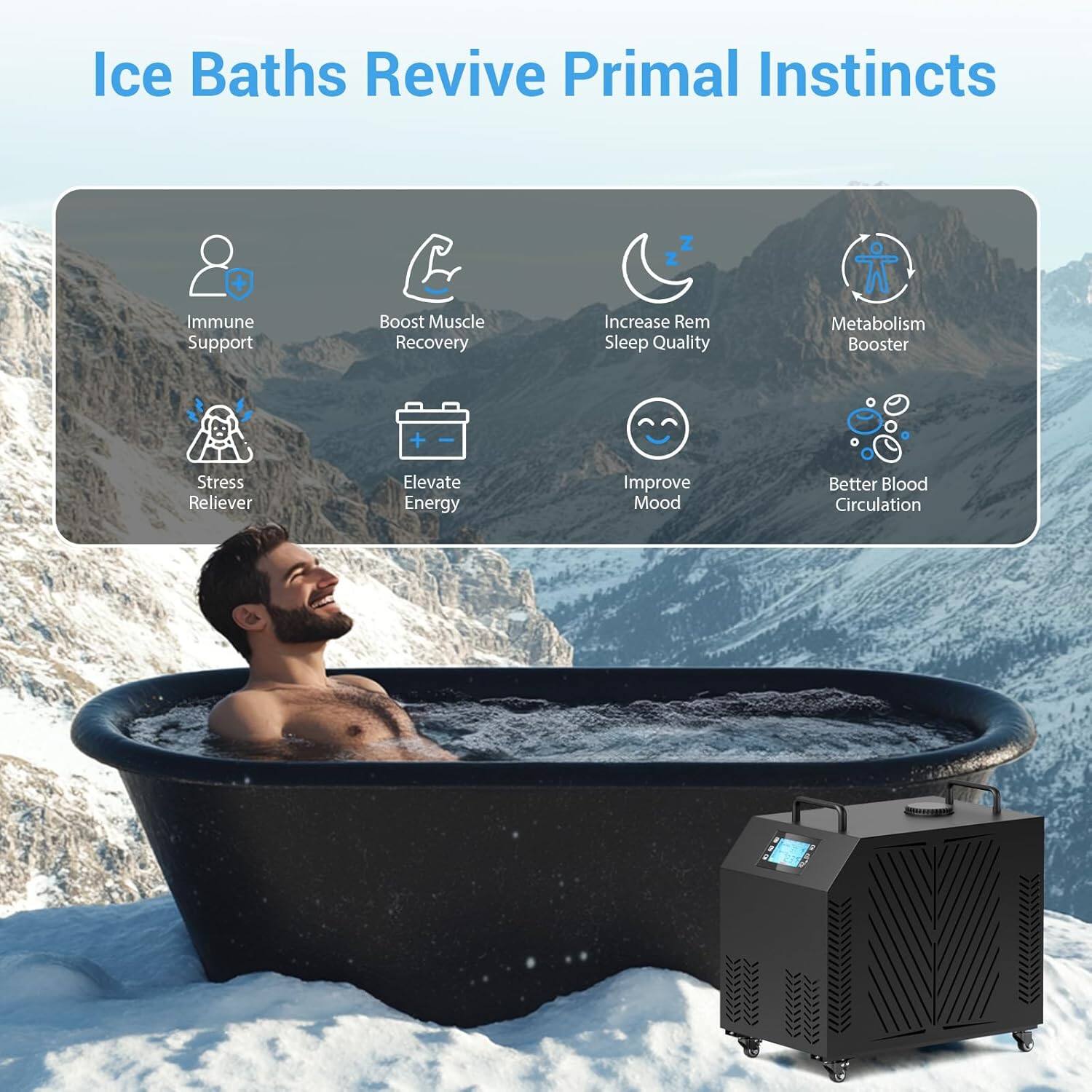 Ice Baths Revive Primal Instincts

- Immune Support
- Boost Muscle Recovery
- Increase Rem Sleep Quality
- Metabolism Booster
- Stress Reliever
- Elevate Energy
- Improve Mood
- Better Blood Circulation