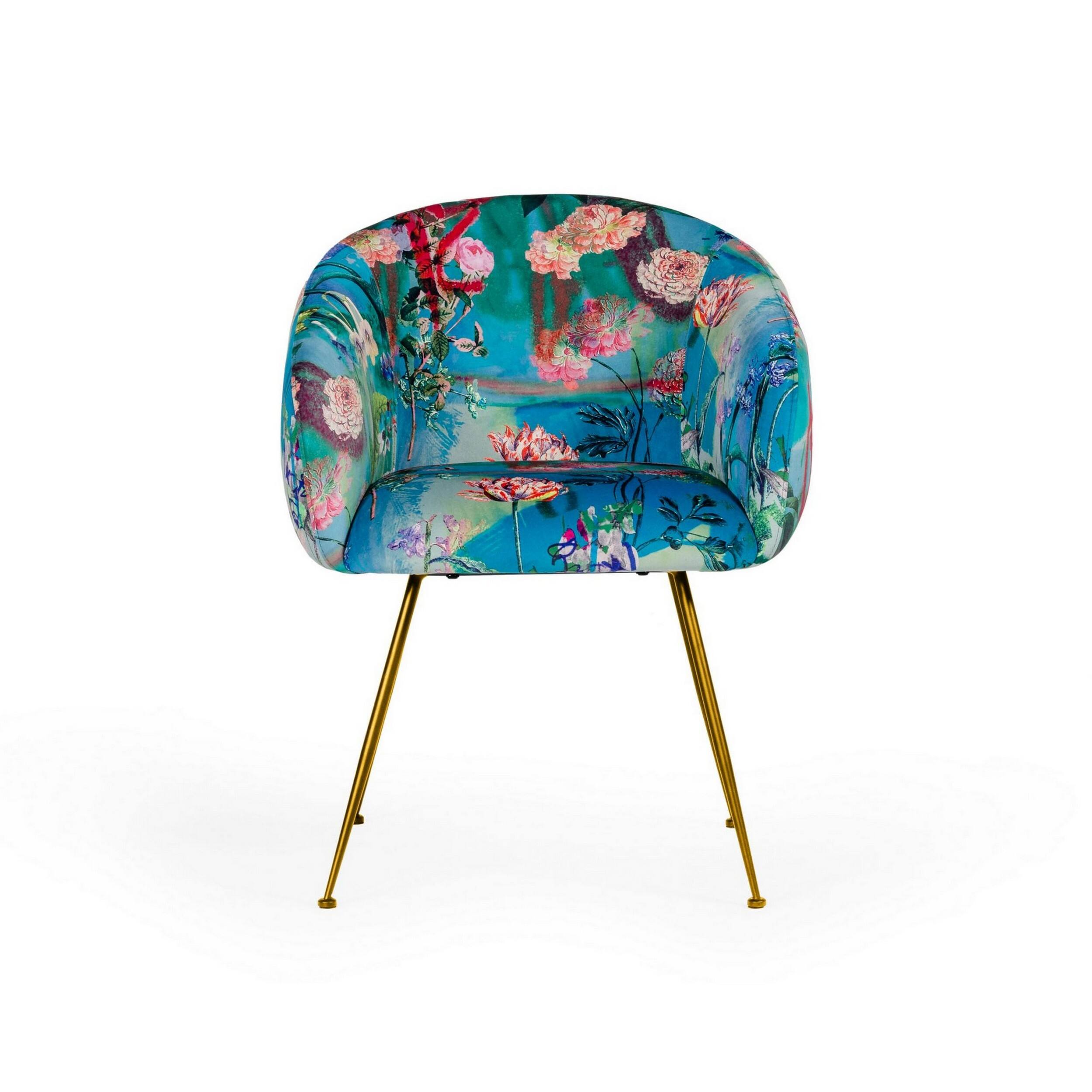 Angle. Manhattan Lane - 25 Inch Dining Chair, Floral Design,  Legs,  Velvet Upholstery - Blue, Gold, Multicolor.