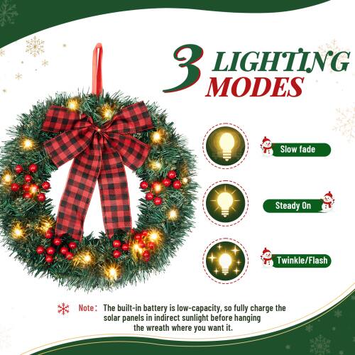 3 LIGHTING MODES
Slow fade
Steady On
Twinkle/Flash

Note: The built-in battery is low-capacity, so fully charge the solar panels in indirect sunlight before hanging the wreath where you want it.