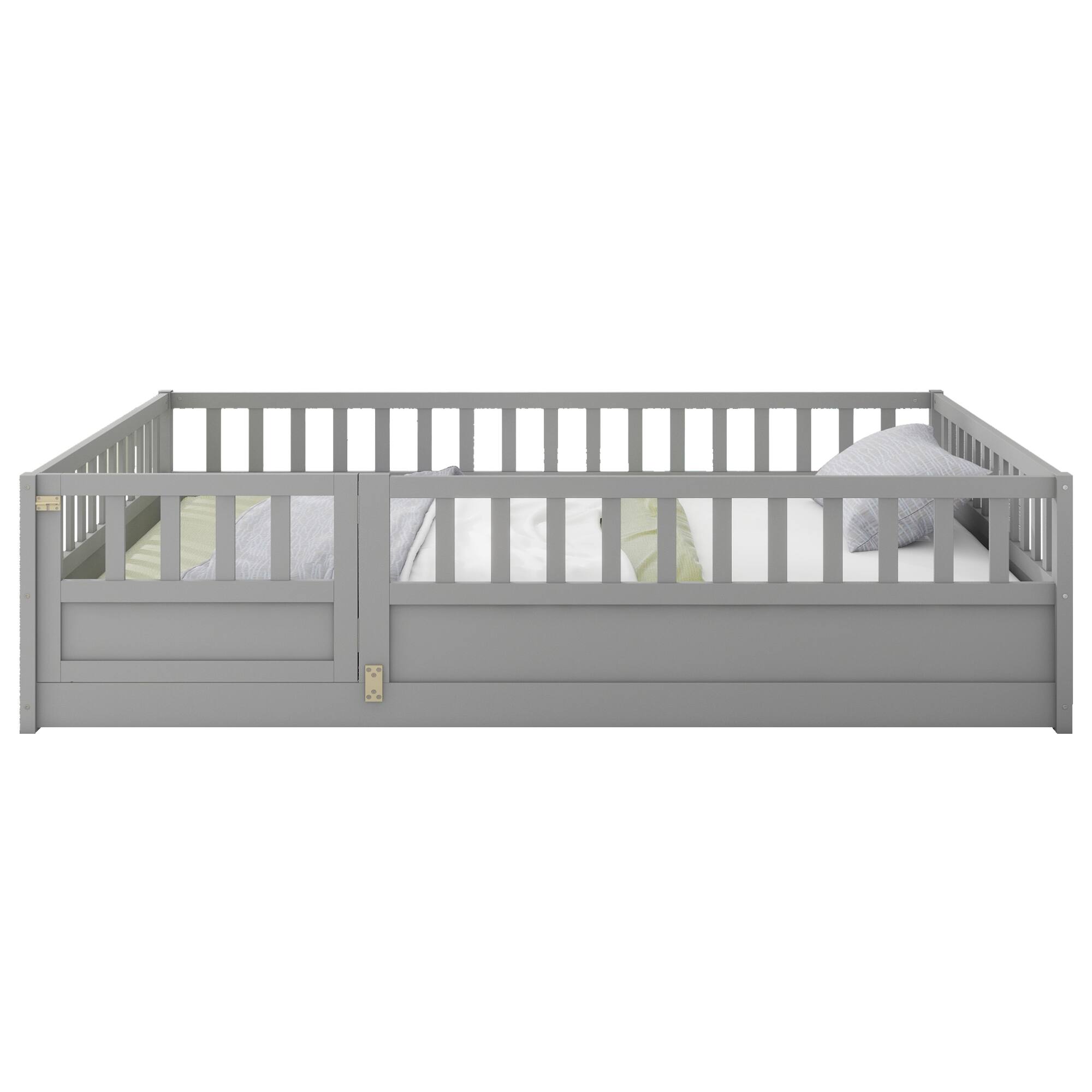 Alt View 1. GOODSILO - Full Size Floor Bed with High Security Barrier and Door for Children, Montessori Style Wooden Frame - Grey.