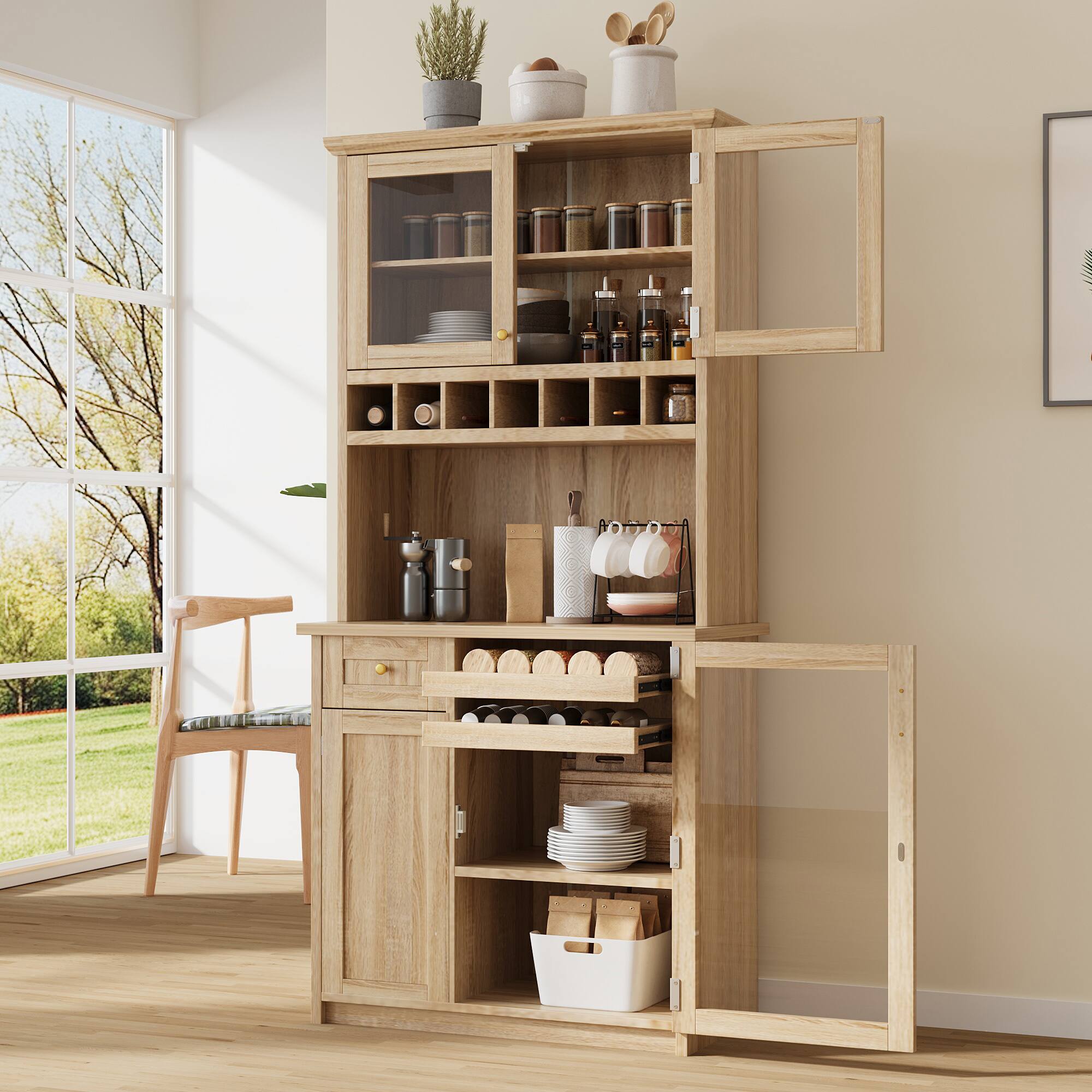 Back. Spaco - Spaco 35" Farmhouse Pantry Cabinet Buffet, Freestanding Kitchen Hutch with Wine Rack, Adjustable Shelves for Dining Room - Natural.