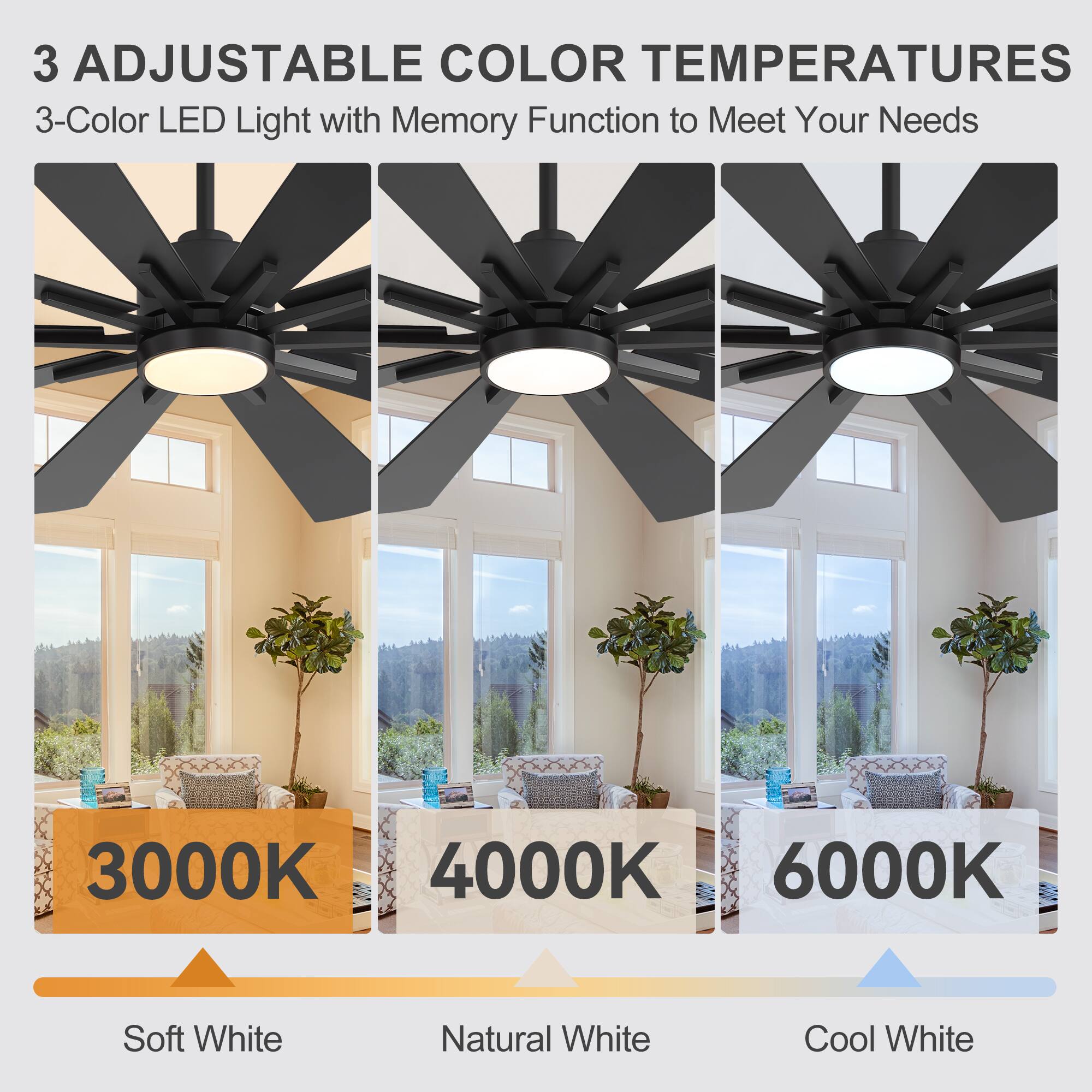 3 Adjustable Color Temperatures  
3-Color LED Light with Memory Function to Meet Your Needs  

3000K Soft White  
4000K Natural White  
6000K Cool White