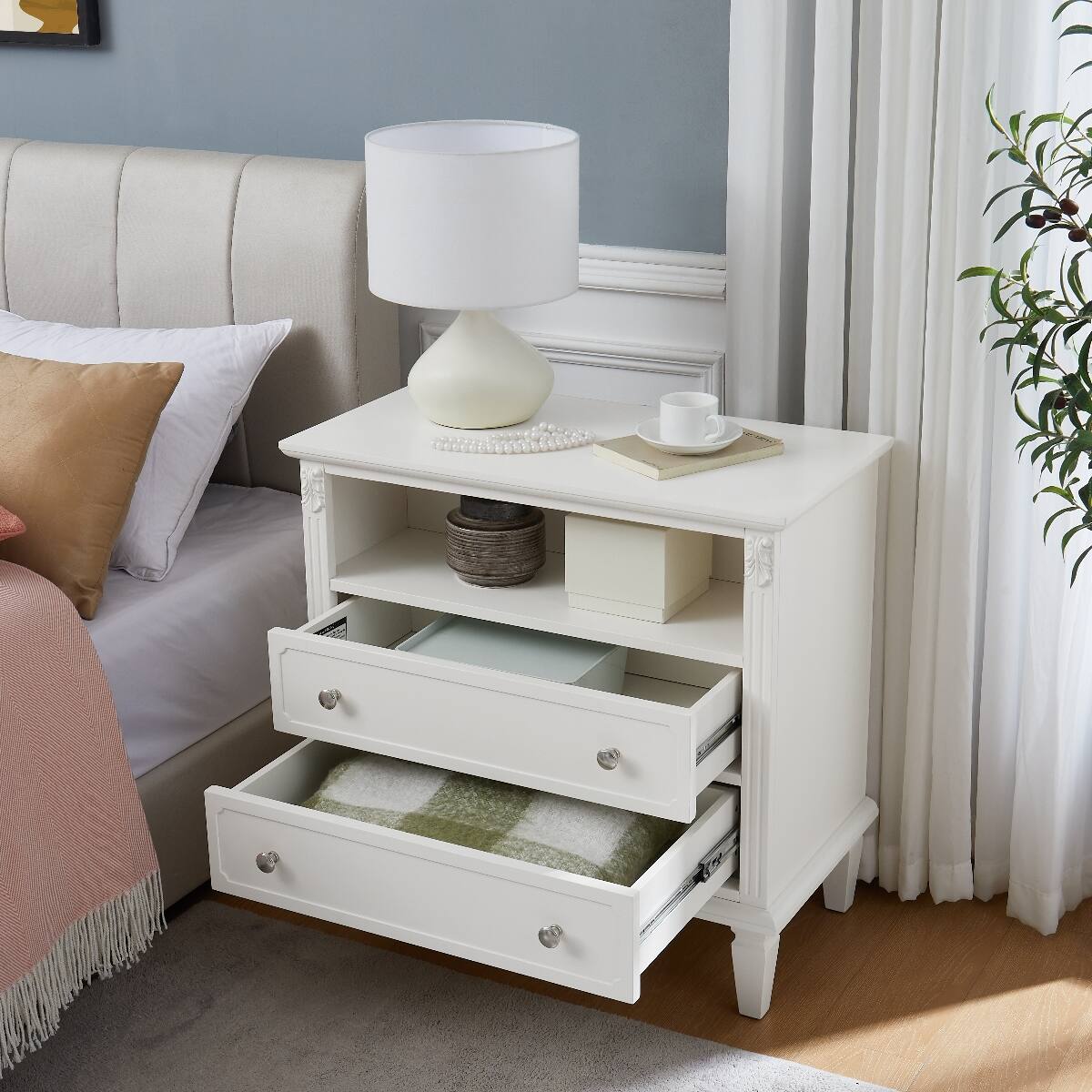 Alt View 2. Loheer - Loheer White Nightstand with Charging Station, Two Drawers and Open Shelf, Solid Wood Legs - White.