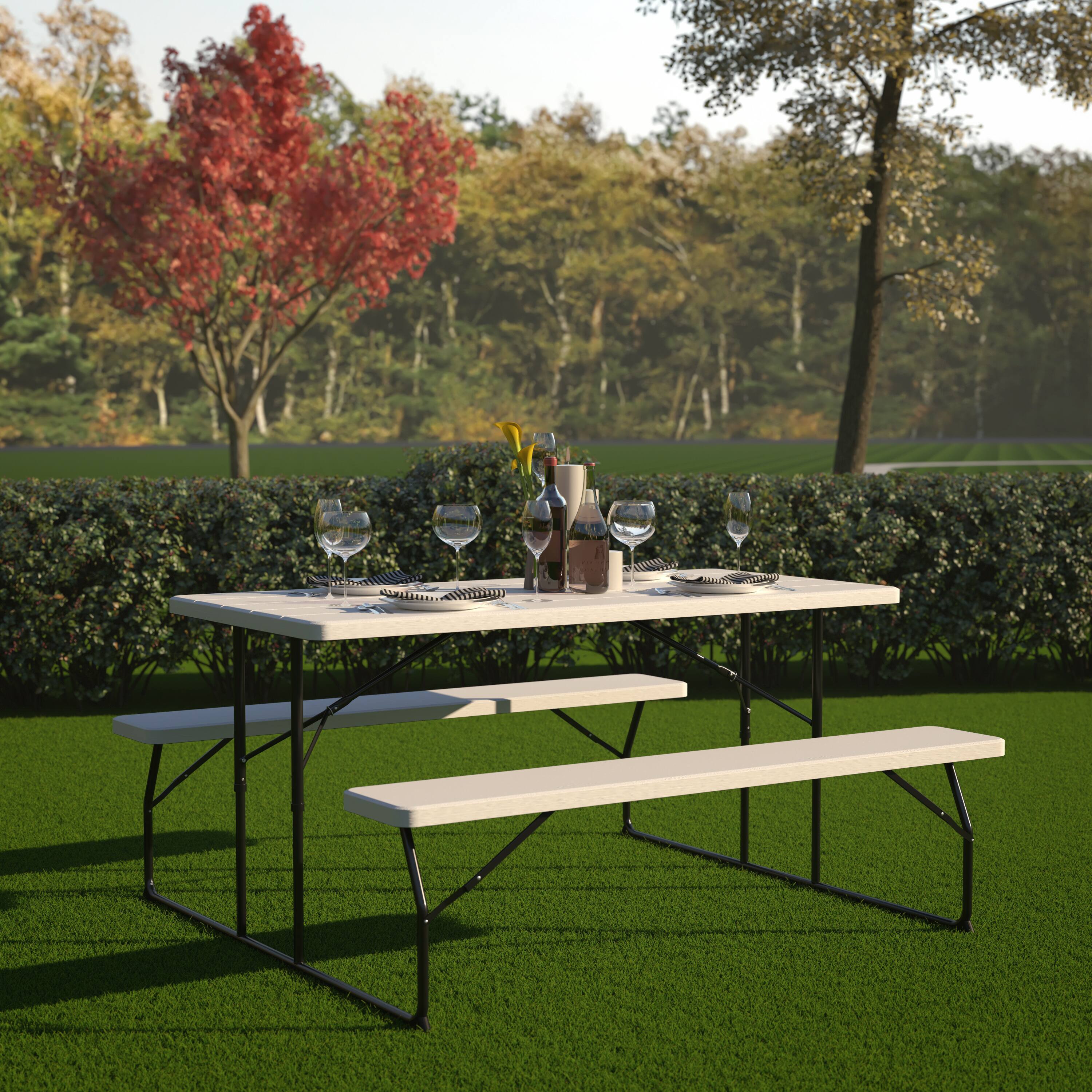 Angle. Flash Furniture - Insta-Fold White Wood Grain Folding Picnic Table and Benches - 4.5 Foot Folding Table - White.