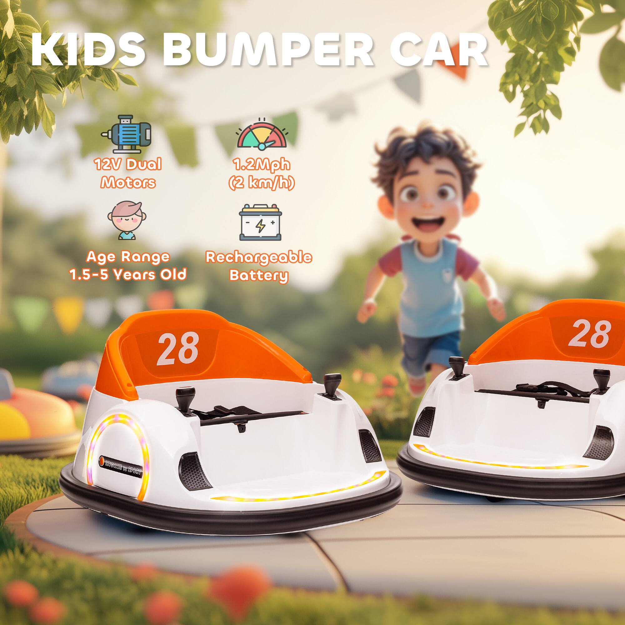 KIDS BUMPER CAR

- 12V Dual Motors
- 1.2Mph (2 km/h)
- Age Range: 1.5-5 Years Old
- Rechargeable Battery